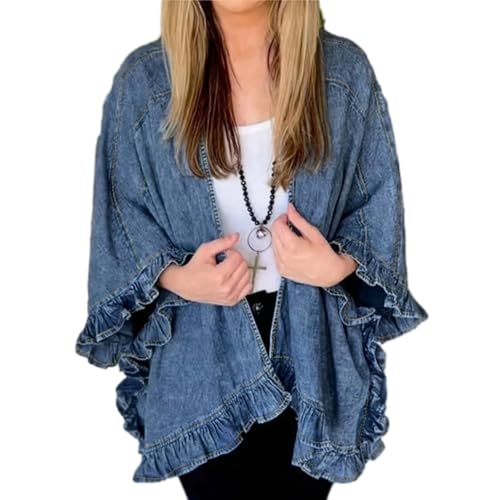 Women's Ruffled Denim Jacket 2025 Trendy Jean Jackets Vintage Loose Poncho Lapel Neck Irregular Denim Trench Coat