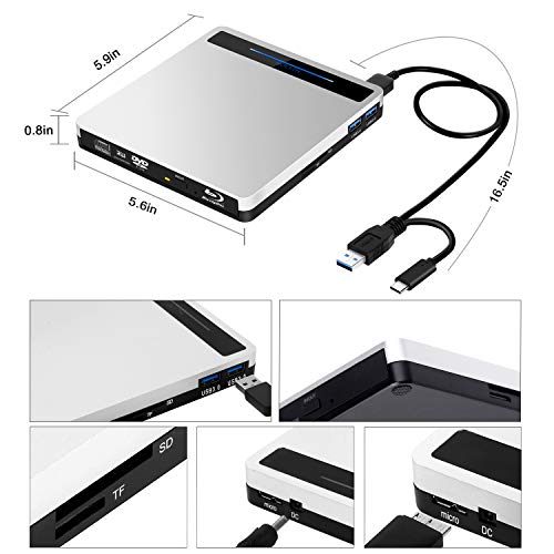 External Blu Ray Drive USB 3.0 Type-C 5 in 1 Blueray CD DVD Drive Player Burner for Laptop Mac PC MacBook Pro Air Windows 10 Desktop