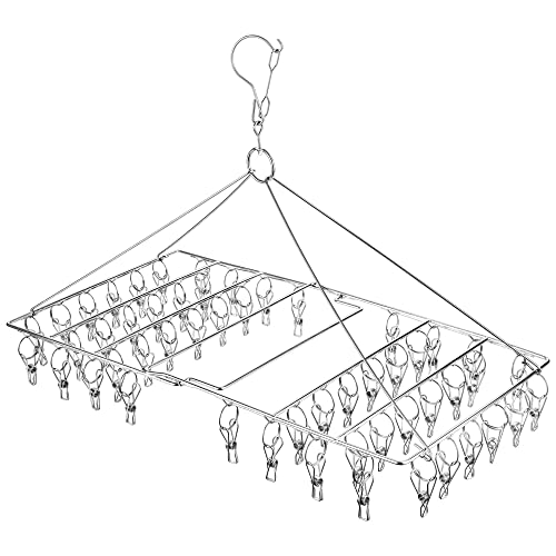 WudTus 46 Clips Sock Drying Hanger Foldable Stainless Steel Space-saving Dryer Rack Washline with Peg for Sock, Underwear, Hat and Hanging Small Ietms