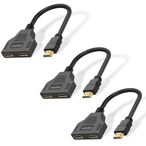 Image of BLACK CROWN HDMI Cable Splitter, HDMI 1x2 Splitter Cable, HDMI Cable Splitter 1 in 2 Out HDMI Splitter Adapter, HDMI Male to Dual HDMI Female 1 to 2 Way for HDMI HD, LED, LCD, TV. Black (Pack of 3)