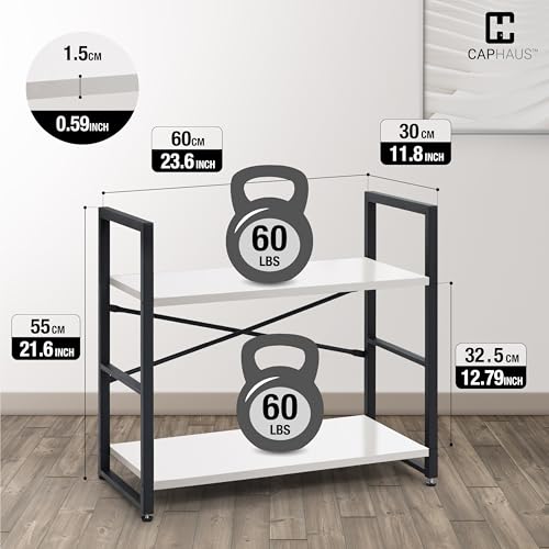 Image of CAPHAUS 2 Tier Small Bookshelf, 24 Inch Width Free Standing Shelf, Bookcase Shelf Storage Organizer, Industrial Book Shelves for Home Office, Living Room, White Shelves & Metal Frame