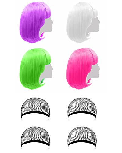 Lot de 4 perruques de cheveux courts raides avec frange plate - 30,5 cm - Synthétiques colorés - Pour cosplay, fête quotidienne - Pour femmes et filles + bonnet de perruque gratuit Cover