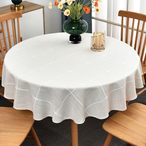 Plenmor Abwaschbar Tischdecke Rund 135cm, Leinenoptik Tischdecke Weiß...