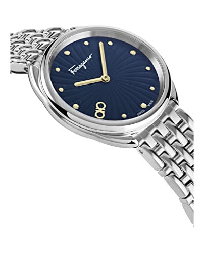 Ferragamo Womens Swiss Made Watch Cuir Collection Featuring Polished Stainless Steel Bracelet With Deployant Clasp With Blue Guilloche Dial And Silver Stainless Steel Details Swiss Quartz Movement #TOP2