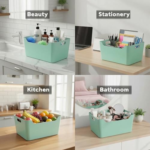 Image of KOLORR Jolly Plastic XL Baskets with Handle for Storage Box| Multipurpose Light Weight Plastic Baskets organiser for Clothes Toys Stationary Cosmetics Livingroom Bathroom | Pack of 3 - Mint