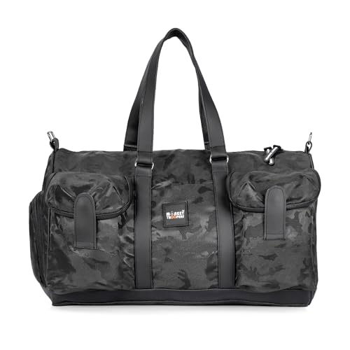 Image of MONKEY TROOPERS Roam Duffle Bag Black Camo 30L | Bike-mountable skin, wet pocket, shoe compartment, detachable sling, lightweight build, weekend trips, gym & sports use