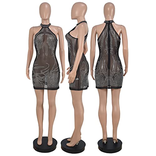 Dawwoti Vestido sexy feminino transparente justo bodycon transparente festa noturna mini balada cris