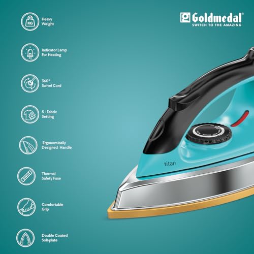 Image of Goldmedal Titan 1000W Dry Iron| Non-stick Weilburger Premium Double Coated Soleplate| 5 Fabric Setting|1.8 Meter Cord| 360 Swivel Cord| 2.5 Years Warranty| 1.5KG Heavy Weight (Turquoise Blue)