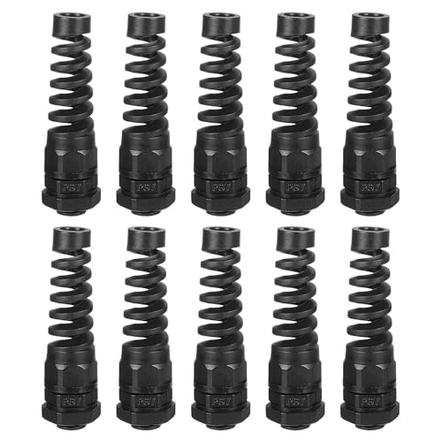 Image of sourcing map 10Pcs Waterproof Cable Gland, PG7 Nylon Spiral Strain Pigtail Cord Joint with Gasket for 3-6.5mm Wire Thread Cable Fixing and Appliances, Black