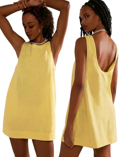 Image of VIUTIL Womens Summer Linen Mini Dress Boat Neck Low Back Sleeveless Tank Dresses with Pockets 2026 Vacation Outfits