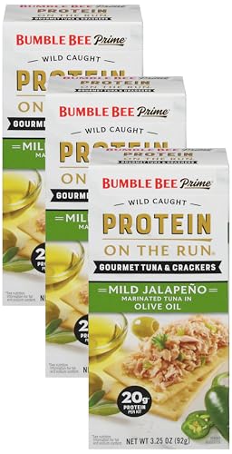 Image of Bumble Bee Prime Protein on the Run Tuna Snack Kit - Gourmet Tuna Marinated in Olive Oil & Mild Jalapeno with Crackers and Serving Utensil - 20g of Protein Per Serving (Pack of 3), Easy Open Cans