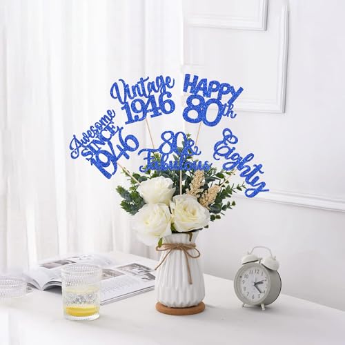 Image of 15 PCS 80th Birthday Centerpiece Sticks Eighty Happy 80 Vintage 1946 Table Flower Centerpieces Sticks Cheers to 80 Fabulous Floral Decorations for 80th Birthday Party Supplies Blue