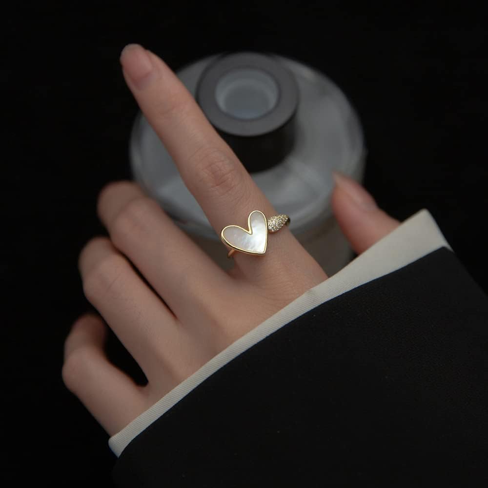 Unique Shell Heart Open Stacking Ring 925 Sterling Silver Crystal Cubic Zirconia Adjustable Expand Promise Love Endless Joint Thin Rings Dainty Statement Finger Bands Wedding Mother's Day Jewelry Gifts for Women Girls Daughter Bride - Image 2