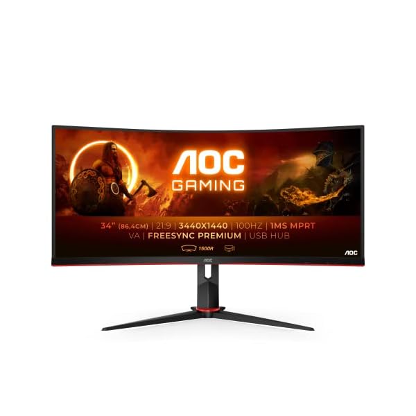 AOC Monitor Gaming CU34G2/BK - 34" Curved 1500R WQHD, 100Hz, 1ms, VA, FreeSync Premium, 3440x1440, 300 cd/m, HDMIx2, Displayport 1x1.2