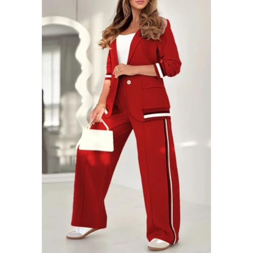 Temperament Solid Color Ribbed Suit Set, Women's Lapel Solid Color Striped Casual Blazer and High Rise Straight Leg Pants Set4
