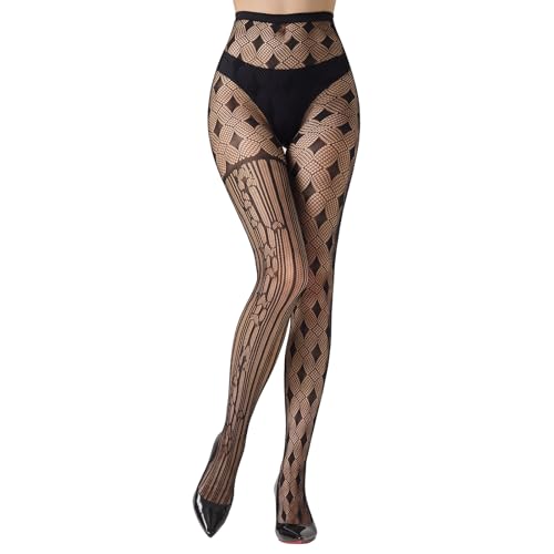 MANZI Netzstrumpfhose für Damen Halloween Schwarz Muster Netzstrumpfhosen Sexy Gothic Strumpfhosen 1 Paar Stern Rautenmuster