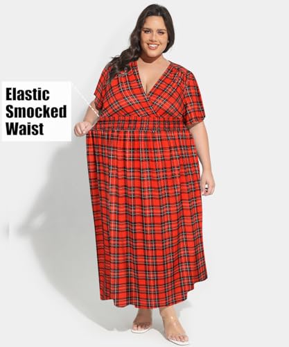 Image of CARCOS Plus Size Dresses for Curvy Women V Neck Summer Maxi Dress Short Sleeve Floral Boho Dress Smocked Waist Beach Dress