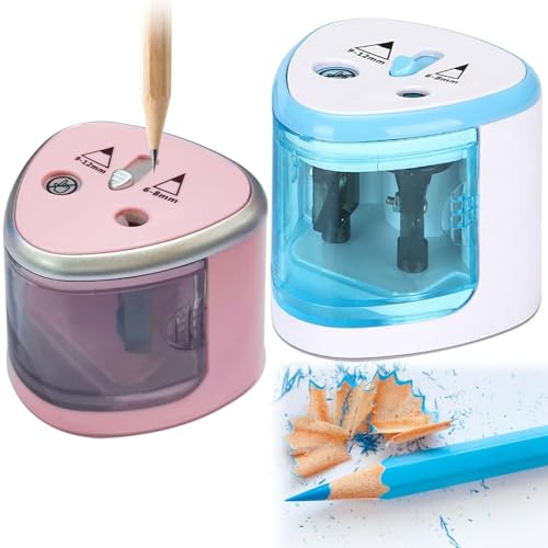 BAIFULAI Afilador Eléctrico de Lápices: 2 Piezas Afilador Potente a Pilas para Lápices de 6-8mm y 9-12mm, Seguro y Preciso, Adecuado para Escuela, Aula y Oficina (Azul & Rosa)