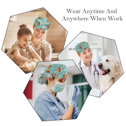 Image of 2 PCS Bouffant Cap with Button Ponytail Pouch Working Cap Sweatband Adjustable Surgical Cap Black and White Cow