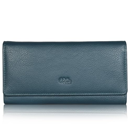 Image of Women's Top Grain Leather Wallet, RFID Blocking Bifold clutch, 17 Card Slots, Zip Pocket Organizer, Elegant Gift for Women - Birthday, Valentine, Anniversary - TEAL BLUE