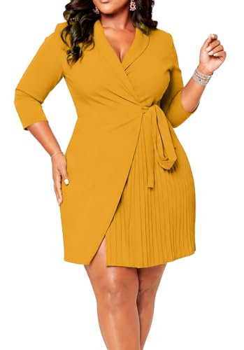Image of INR Short Dress for Women Business Work Plus Size Elegant Church Dresses | Exquisite Fabric, 3 /4 Sleeve V Neck, Self Tie Waist Pleated Dress fit Cocktail Party,Casual,Prom,Dinner Dates,Formal Outfits