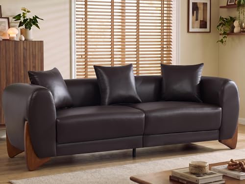 Image of 87 inch Faux Leather Cloud Couch Modern 3 Seater Sofa with Solid Wood Legs, 25 inch Extra Deep Seat, Comfy Thick Cushion Upholstered Sofa Couches with 3 Pillows for Living Room, Brown
