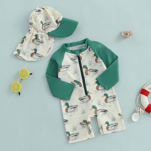 Engofs Toddler Baby Boy Girl Swimsuit One Piece Rash Guard Bathing Suit Beach Swimwear with Hat2