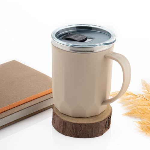 Image of MAGIC SPOON Stainless Steel Travel Coffee Mug with Sipper Lid & Handle, Insulated Tea Cup, BPA-Free Double Wall Tumbler for Hot-Cold Beverages, Office, Home, Car, Travel- Beige, (400ml X 1 Pack)
