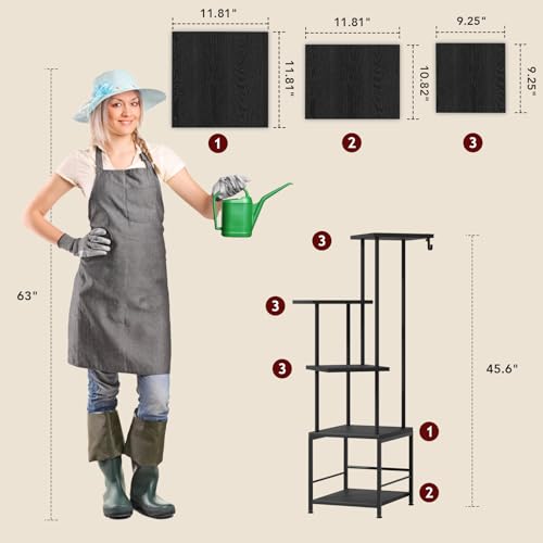 Image of Homsorout Plant Stand Indoor with Grow Light - 5-Tier Metal Plant Shelf with Hanging Basket Hook, Corner Tall Flower Holder for Multiple Plants, Living Room Balcony Garden Patio, Black