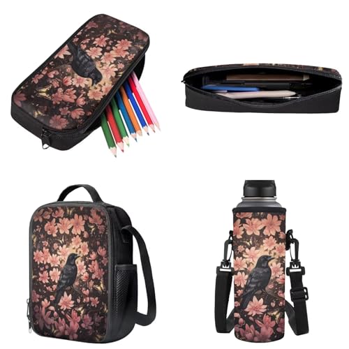 Xoenoiee Crow Peony Floral Pink Pattern 17" Backpack Set with Lunch Bag, Pen Case, and Water Bottle Carrier Kids Students School Bag 4Pcs Sets for Boys Girls3