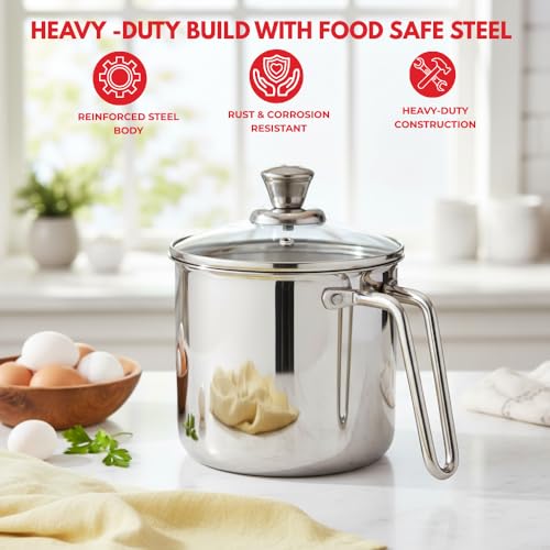 Image of Vinod Platinum Triply Stainless Steel Milk Pot 14 cm (2 Litre) with Handle, Glass Lid & Steam Vent | Use as Milk Boiler & Milk Boiling Pot, Tea Pan and Coffee Warmer | Gas & Induction Compatible
