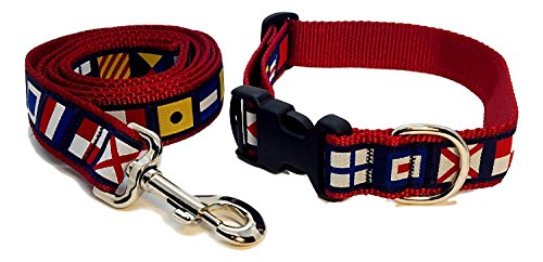 Preston Nautical Code Flag Dog Collar and Leash Set Multi Color Ribbon on Red Nylon Webbing (Medium)