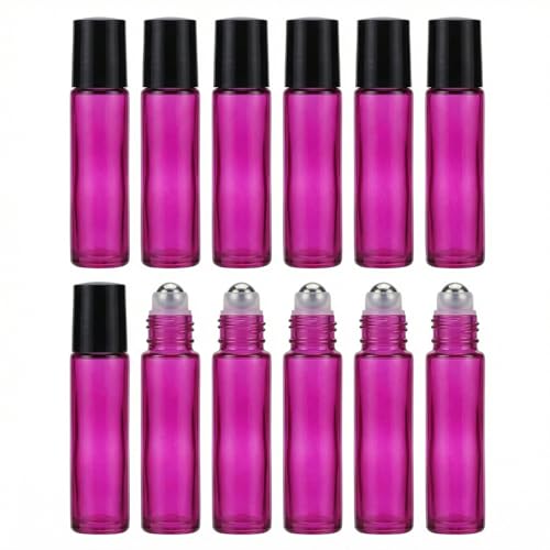 12PCS 10ML 0.3OZ Hot Pink Empty Glass Roller Bottles with Stainless Steel Roller Balls and Black Cap Essential Oil Perfume Holder Jar Pot Portable Refillable Container for Travel Daily Life
