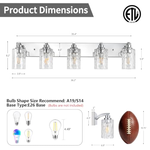 Image of 5-Light Bathroom Light Fixtures Modern Chrome Vanity Lights | Easy to Install Clear Hammered Glass Shades, Rippled Glow, Wall Mount Up or Down, E26 Socket, Hardwired, 120V