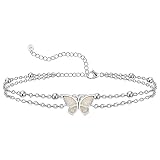 CHIC & ARTSY Butterfly Anklet 925 Sterling Silver Created Opal Butterfly Anklet Bracelet Double Laye