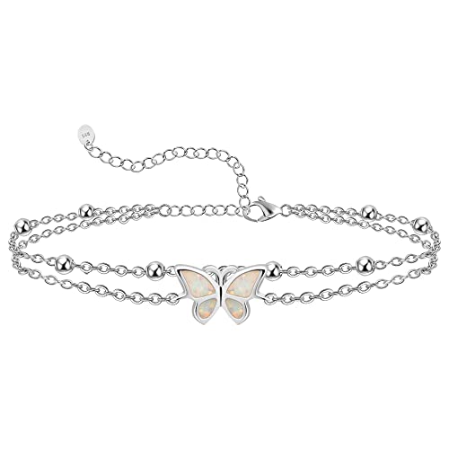Chic & Artsy Butterfly Anklet 925 Sterling Silver Created Opal Butterfly Anklet Bracelet Double Layer Butterfly Anklet Chain Butterfly Anklet Boho Butterfly Layered Anklet Bracelet #TOP8