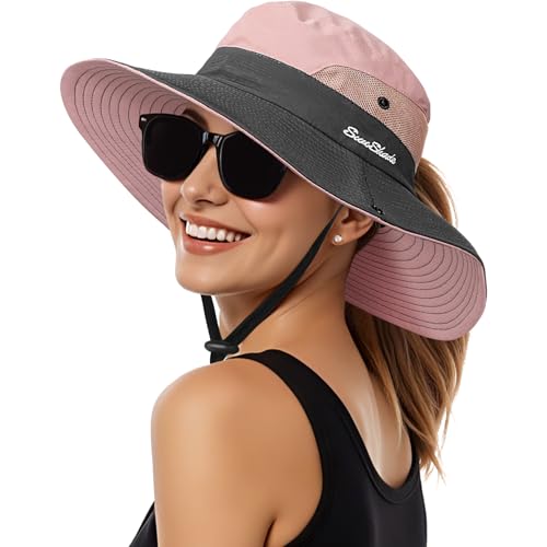 Sun Hats for Women, Wide Brim Beach Bucket Hats with Ponytail Hole, Outdoor UV Protection Foldable Fishing Hat Cooling Mesh Hiking Bucket Hat, Pink