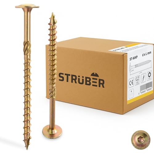 STRÜBER Tellerkopfschrauben mit Torx-Antrieb (6,0 x 140 mm / 100 Stück) Holzschrauben für Dachkonstruktionen - Konstruktionsschrauben Gelb verzinkt - Sparrenschrauben TX-Buchse - BIT TX-30 inklusive!