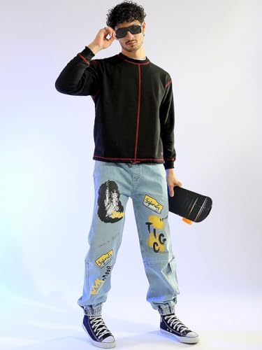 Image of The Indian Garage Co Men Loose Fit Solid Mid-Rise Stretchable Denim Joggers