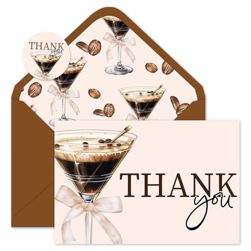 Whaline 24 Pack Espresso Martini Thank You Cards Martini Glasses Coffee Beans Note Card with Envelopes Stickers Brown Greeting Blank Card for Bachelorette Bridal Shower