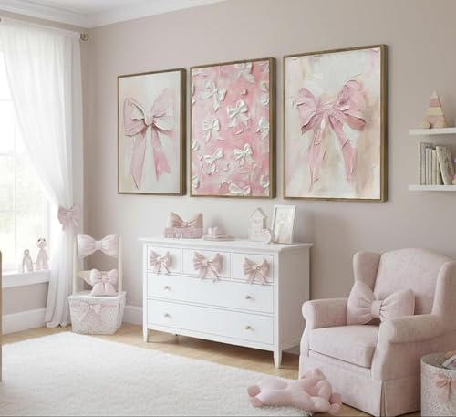 Image of Framed 3D Textured 3Pcs Trendy Pink Bow Canvas Wall Art Vintage Cute Preppy Watercolor Bow Painting Pictures Wall Decor Posters Prints Girly Aesthetic for College Apartment Bedroom Decoration