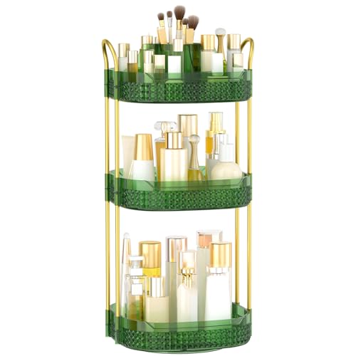 BOCONY Rotating Makeup Organizer for Vanity 3 Tier, Perfume Organizer with Makeup Brush Holder, Large Capacity Cosmetics Clear Skincare Organizer for Countertop (Green)