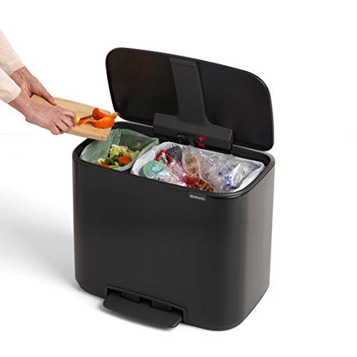 Image of Brabantia Bo Step-On Kitchen Trash Can with Dual Compartments | Matt Black | 3 + 6 Gal Inner Buckets | Soft-Close Garbage Can, Light Pedal Operation, Stay-Open Lid | Fits Against Wall | + Trash Bags