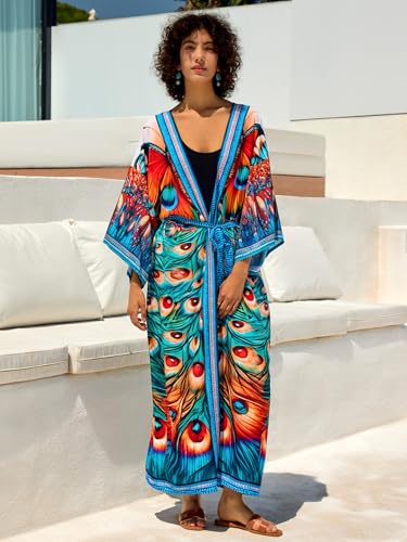 Image of Women's Kimono Cover Up Long Beach Dress Swimsuit Cover Ups Colorful Cardigan Lightweight Robe for Swimwear