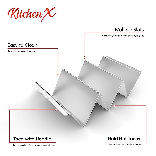 Kitchenx Metal Taco Holders Set Of 2 - Heavy-Duty Taco Stands Hold 3 Tacos - Use As A Taco Rack To Fill Tacos With Ease - Safe For Dishwasher, Oven, And Grill - Taco Shell Holder Size: 8" X 4" X 2" #TOP4