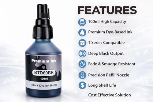 Image of ROHINK Premium Dye Ink Bottles for Brother Printers, T220, T300, T310, T420, T500, T520, T820, T920, T510, T910, T710, T4500W, T800W, T710W - Printer (100ml*4 Black)
