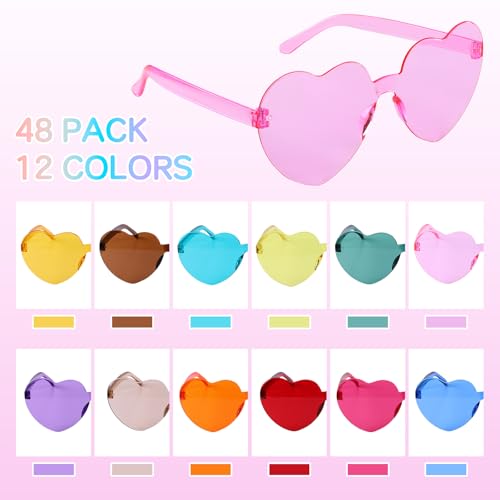 48 Pack Heart Shaped Sunglasses 12 Colors Unbreakable PC UV400 Protection, Trendy Rimless Glasses for Women Men Kids, Bulk Party Accessories for Beach Vacation Birthday Photo Props2