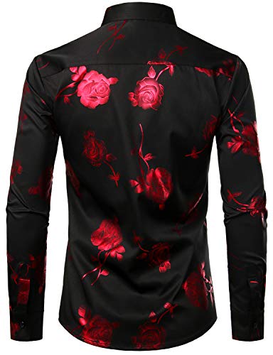ZEROYAA Mens Hipster 3D Golden Rose Floral Printed Slim Fit Long Sleeve Button Down Dress Shirts2