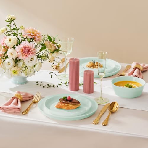 Image of KINGSTONE 24-Piece Bone China Dinnerware Sets, Mint Green | Lightweight Plates & Bowls Set | Straight Rim Bowl Dinner Set | Scratch Resistant | Microwave & Dishwasher Safe | Serves 8