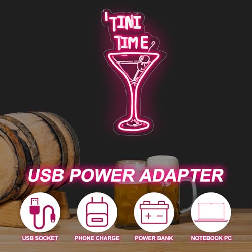Image of Tini Time LED Neon Sign, Martini LED Light, Elegant Cocktail Glass Neon | USB Powered Dimmable Martini Cocktail Bar Wall Decor, Bar Wall Art, Pub Deoration, Gift for Martinit Lover 16.5 inchx8.7 inch, Pink